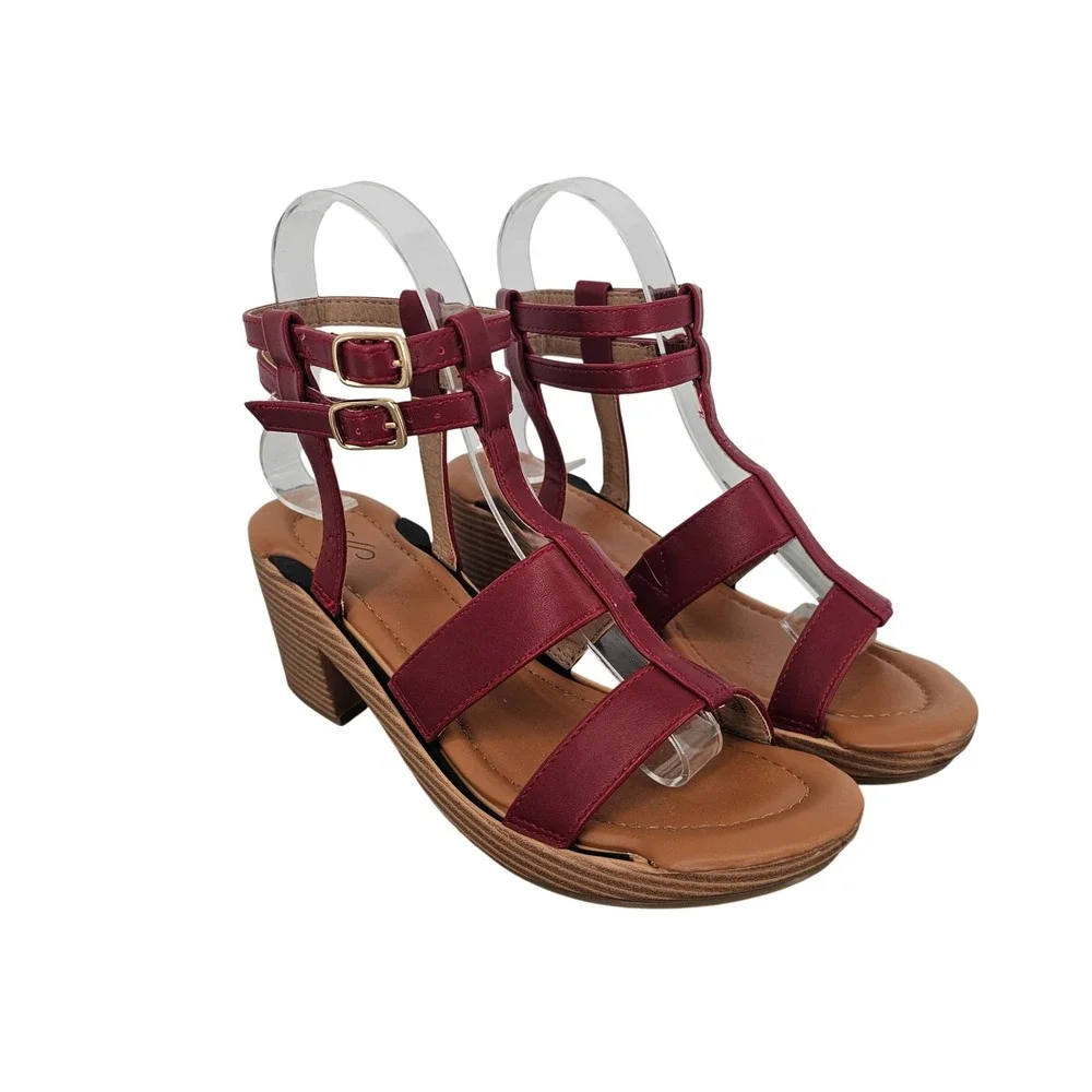 SolelyJane Burgundy Red Interchangeable Wedge Sandals Womens 6 Gladiator Buckle